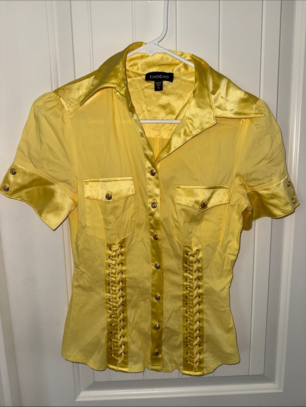 bebe Yellow Satin-Trim Lace-Up Button Down Blouse
